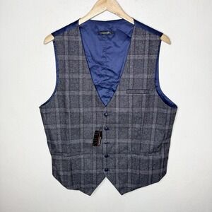 New Hisdern Gray Plaid Vest With Blue Back Adjustable 5 Button Front Men's Large